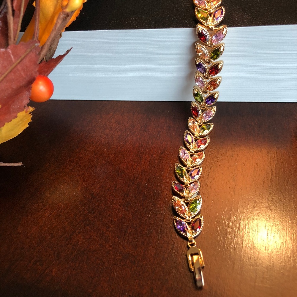 AAA Cubic Zirconia Colorful Crystal Leaf Bracelet - Picture 2 of 7